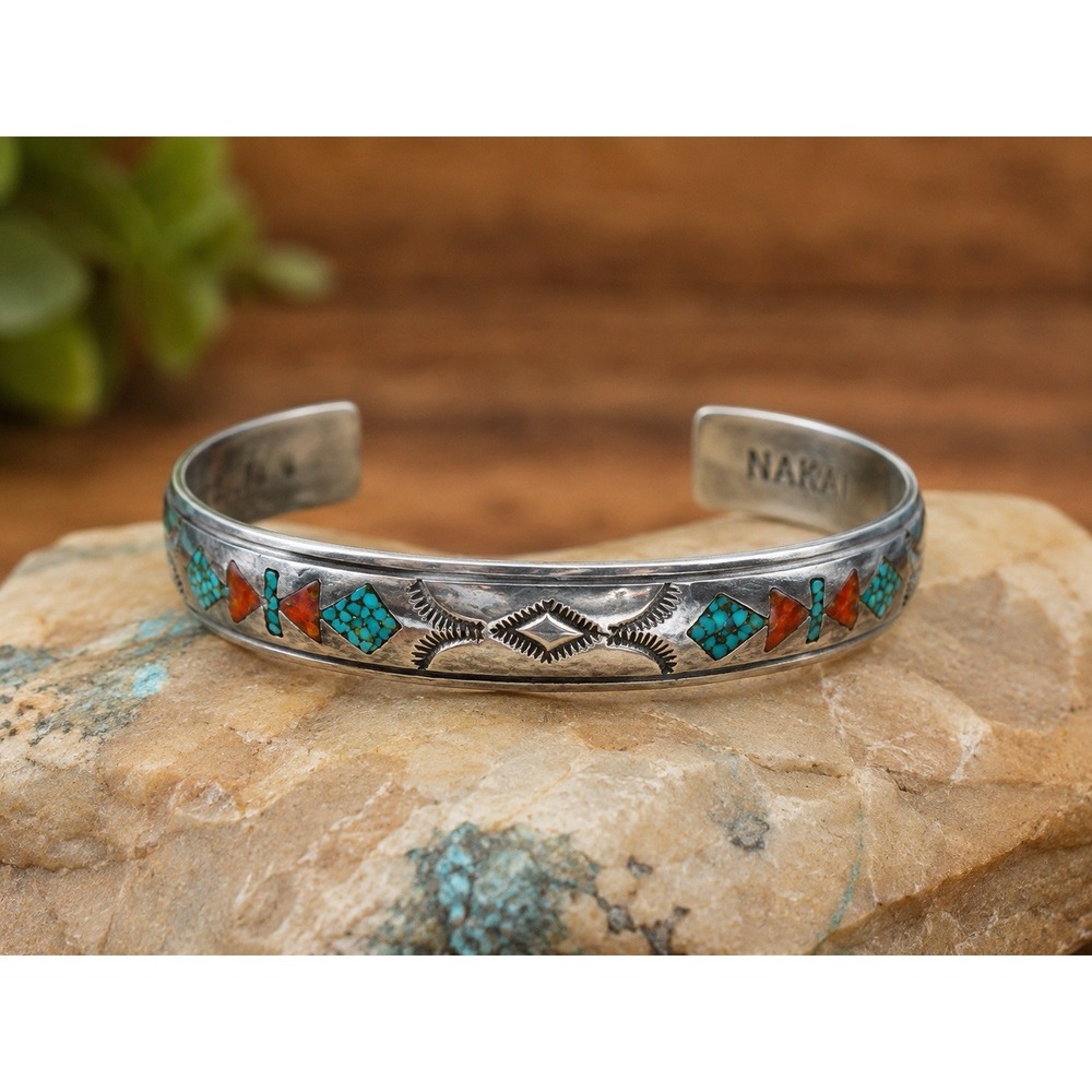 NAKAI Navajo Turquoise Coral Inlay Cuff Bracelet Native American Sterling Silver